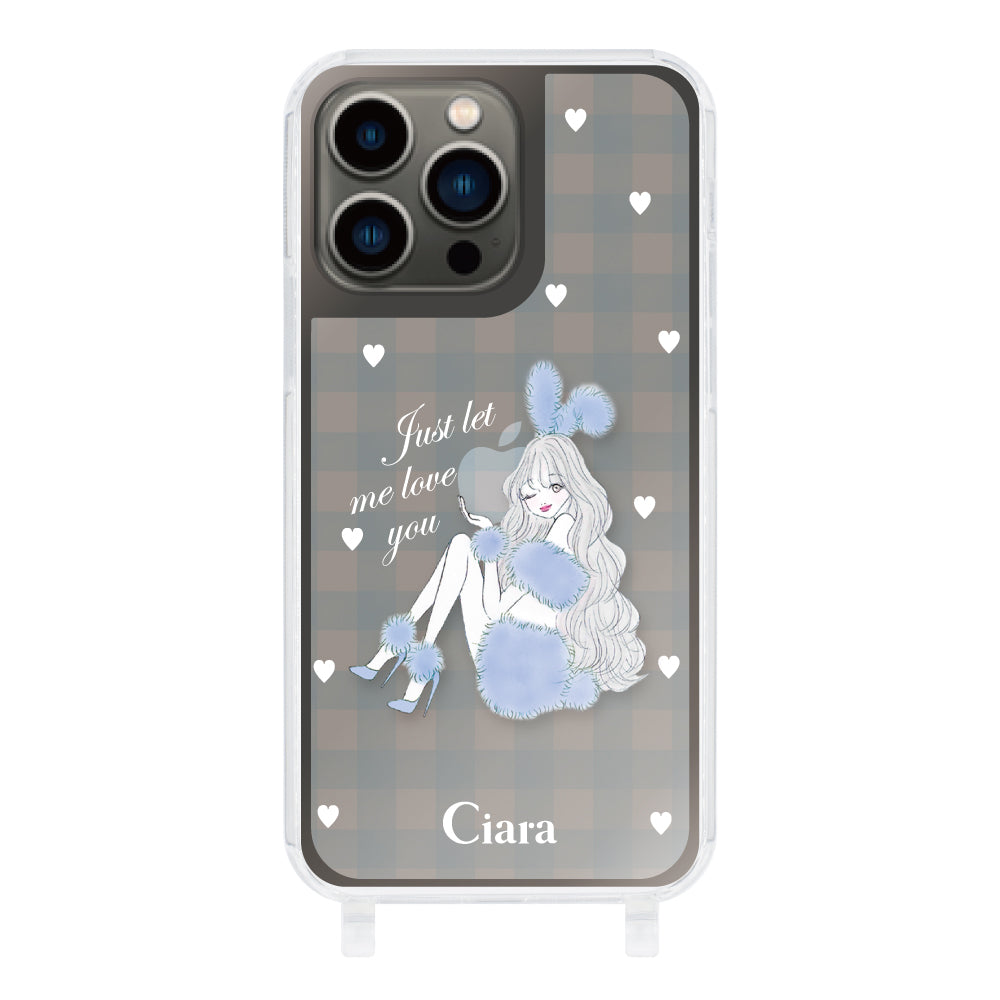 iPhone13Pro ストラップクリアケース ブルーバニー ブルーチェック