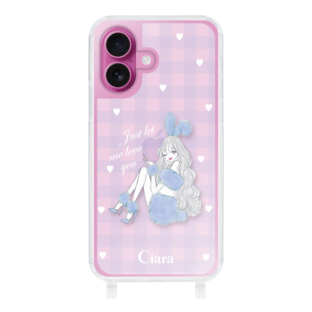 iPhone16 ストラップクリアケース ブルーバニー ブルーチェック