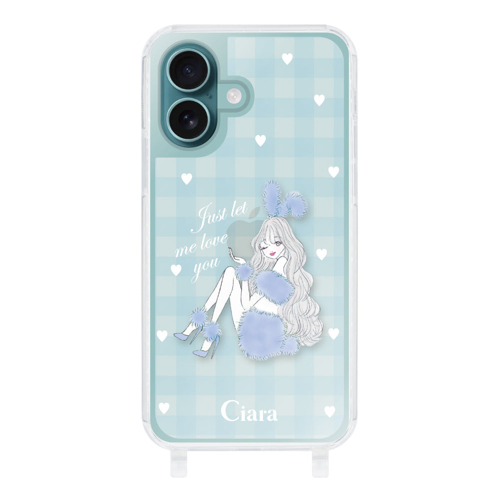 iPhone16Plus ストラップクリアケース ブルーバニー ブルーチェック