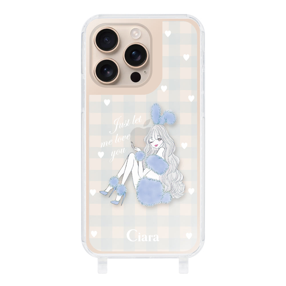 iPhone16Pro ストラップクリアケース ブルーバニー ブルーチェック