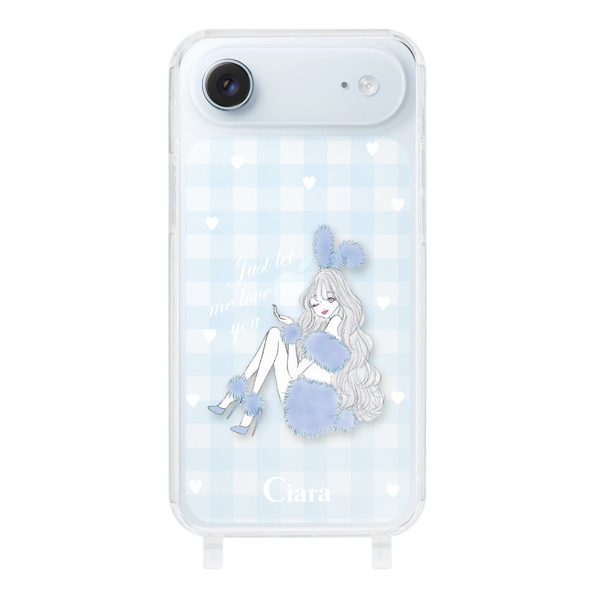 iPhoneAir ストラップクリアケース ブルーバニー ブルーチェック