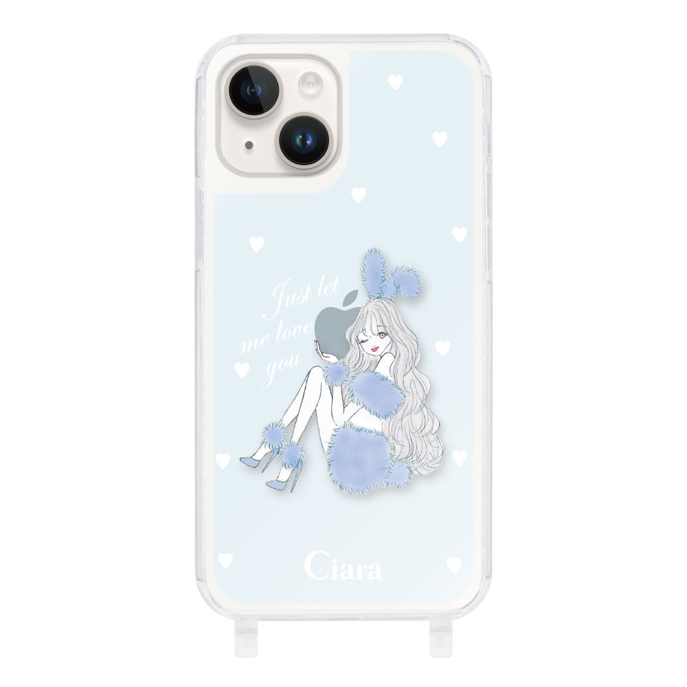 iPhone14 ストラップクリアケース ブルーバニー ブルー