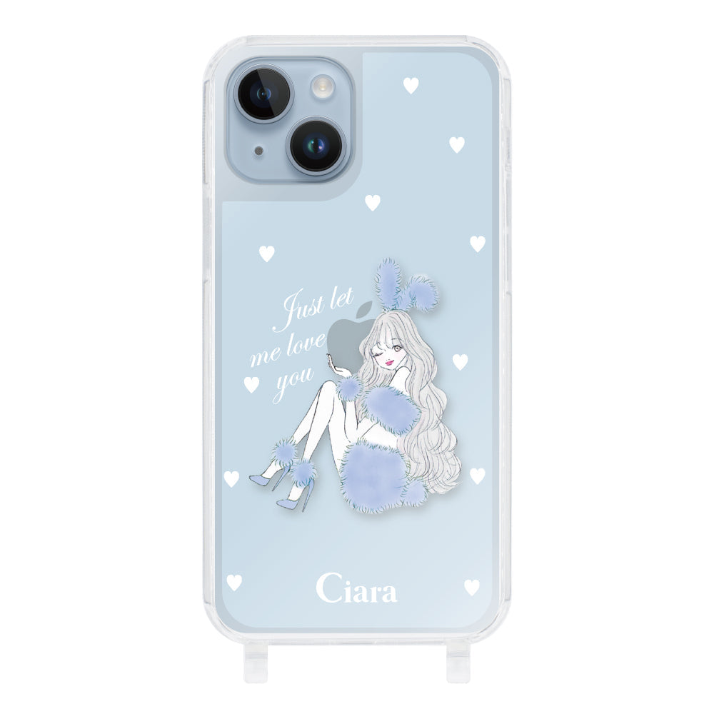 iPhone14Plus ストラップクリアケース ブルーバニー ブルー
