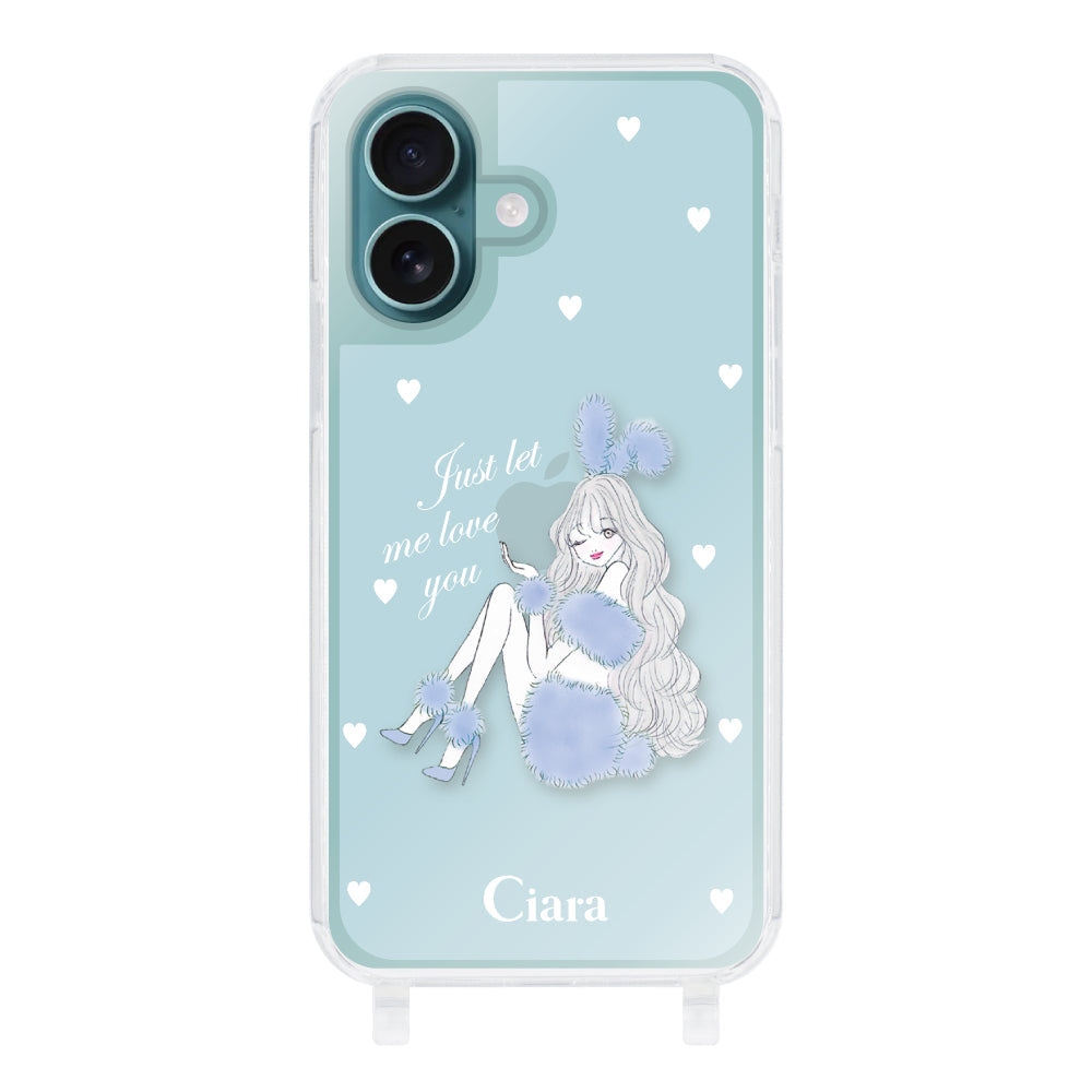 iPhone16Plus ストラップクリアケース ブルーバニー ブルー