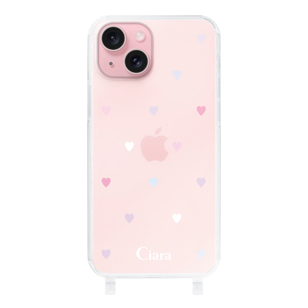 iPhone15 ストラップクリアケース パステルハート パステル
