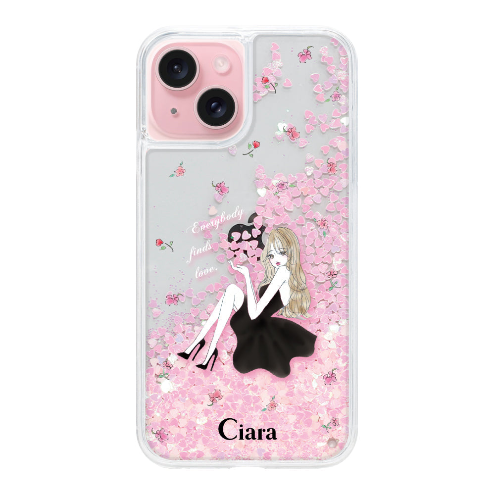 iPhone15 グリッター オイルクリアケース ラベンダーブラックガール ピンク