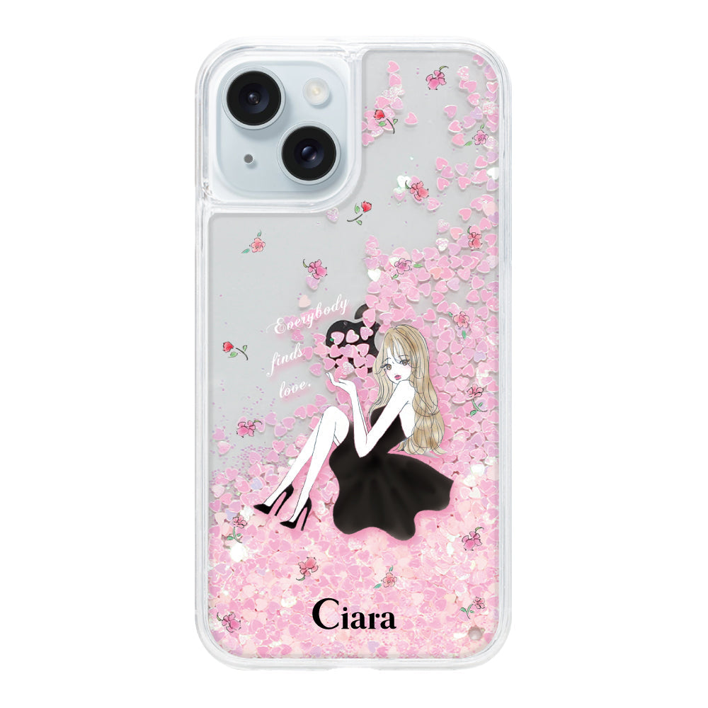 iPhone15Plus グリッター オイルクリアケース ラベンダーブラックガール ピンク