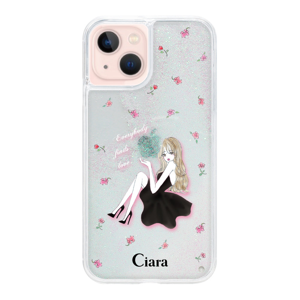 iPhoneケース グリッター オイルクリアケース ラベンダーブラックガール