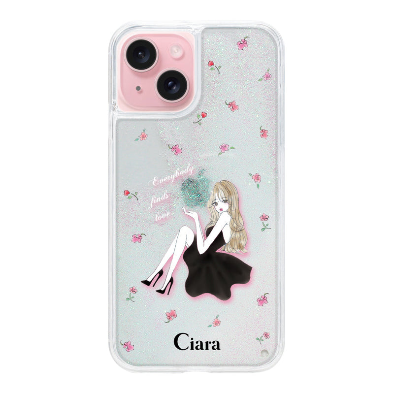 iPhoneケース グリッター オイルクリアケース ラベンダーブラックガール