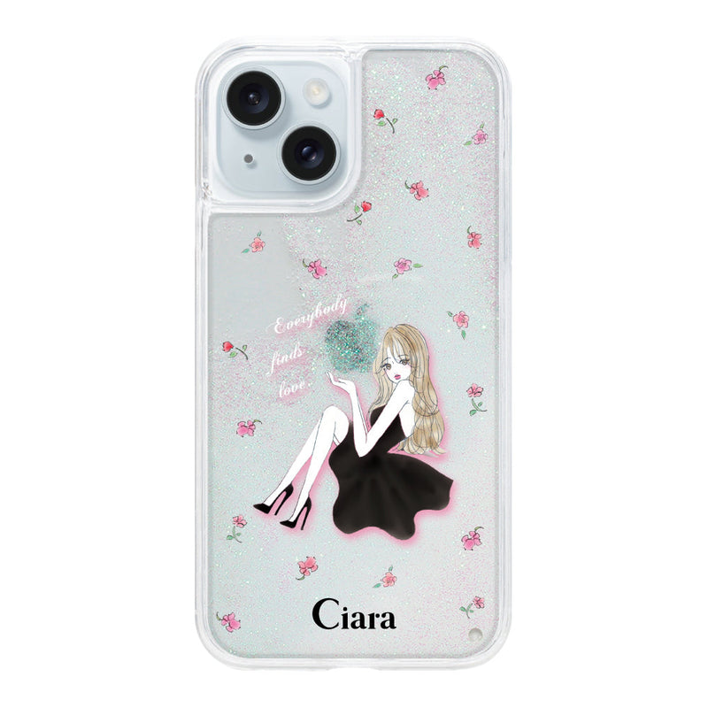 iPhoneケース グリッター オイルクリアケース ラベンダーブラックガール