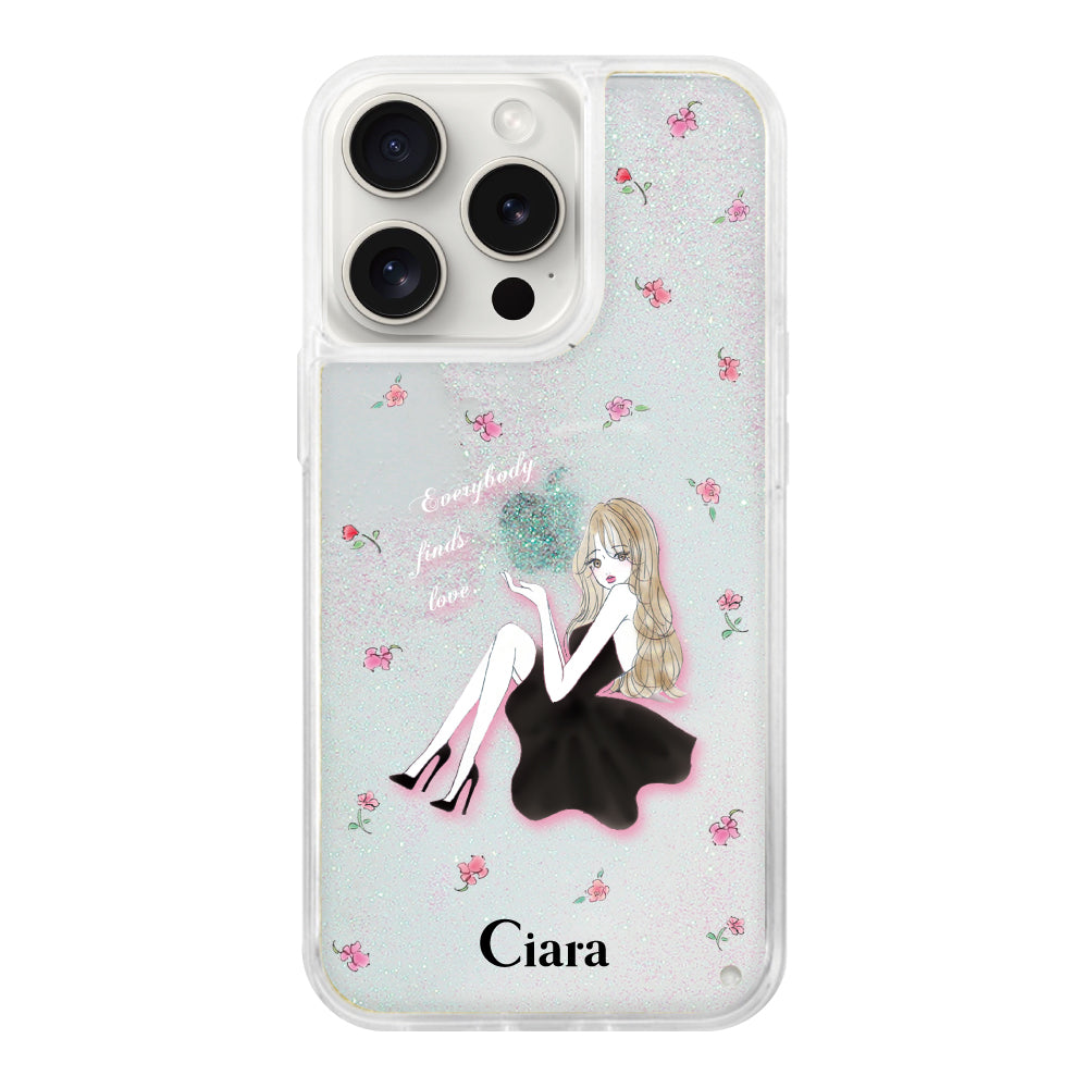 iPhoneケース グリッター オイルクリアケース ラベンダーブラックガール
