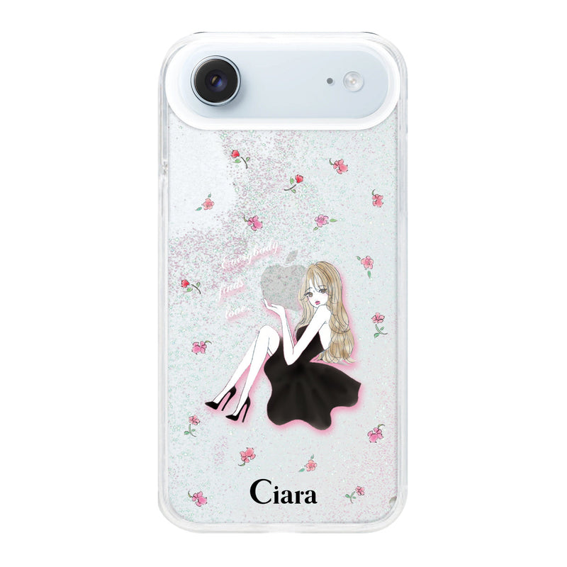 iPhoneケース グリッター オイルクリアケース ラベンダーブラックガール