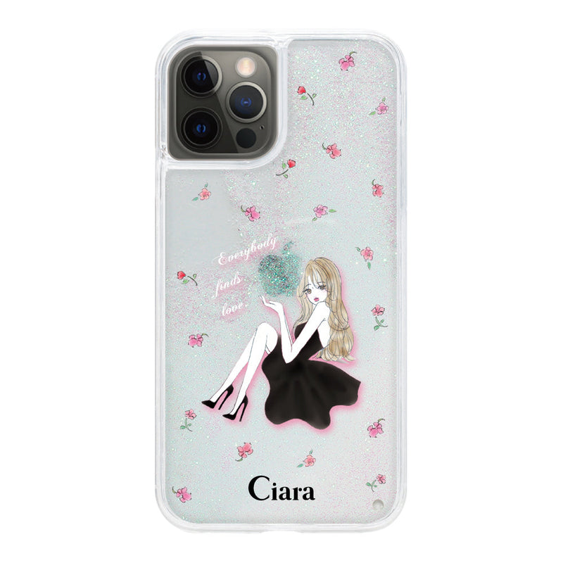 iPhoneケース グリッター オイルクリアケース ラベンダーブラックガール
