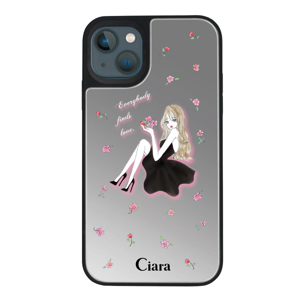 iPhone13miniケース ミラーバンパー ミラー付きケース ラベンダーブラックガール シルバー