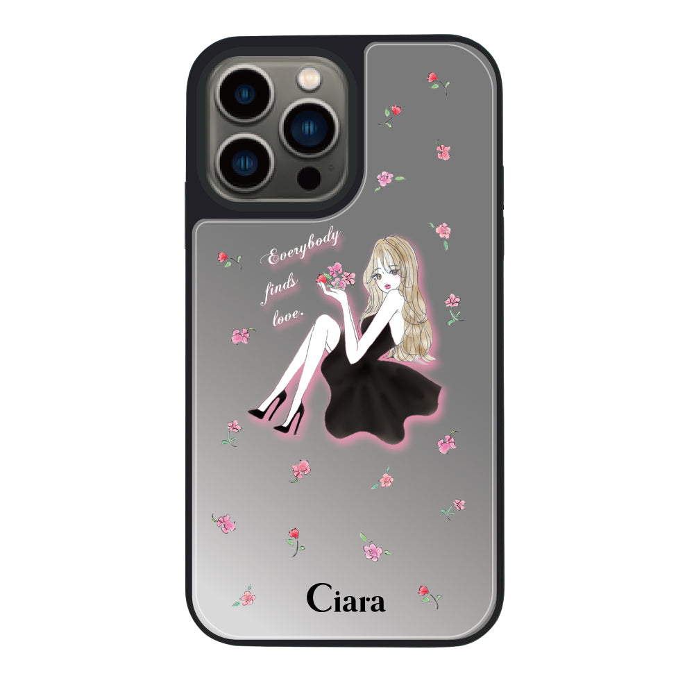 iPhone13Proケース ミラーバンパー ミラー付きケース ラベンダーブラックガール シルバー