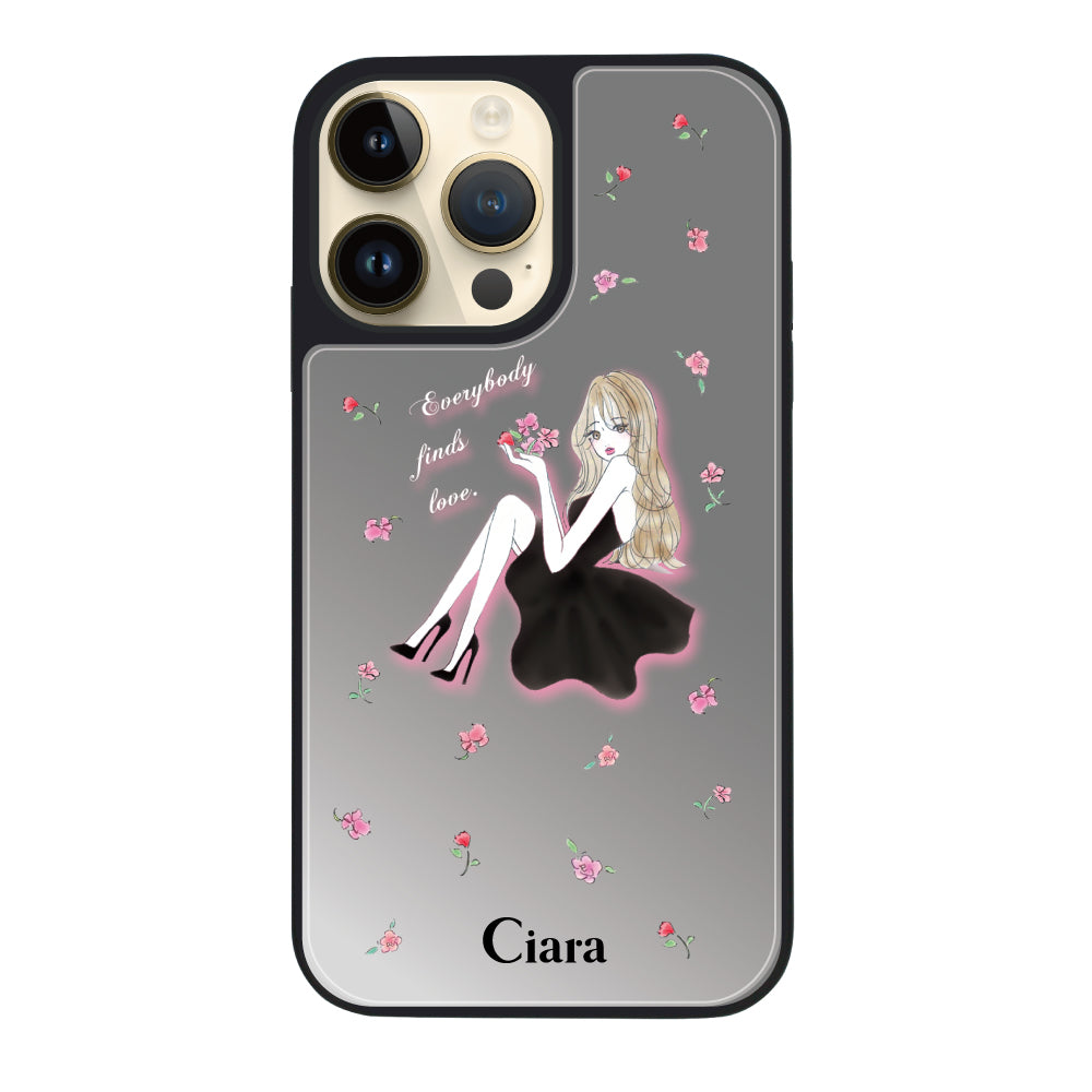 iPhone14Proケース ミラーバンパー ミラー付きケース ラベンダーブラックガール シルバー