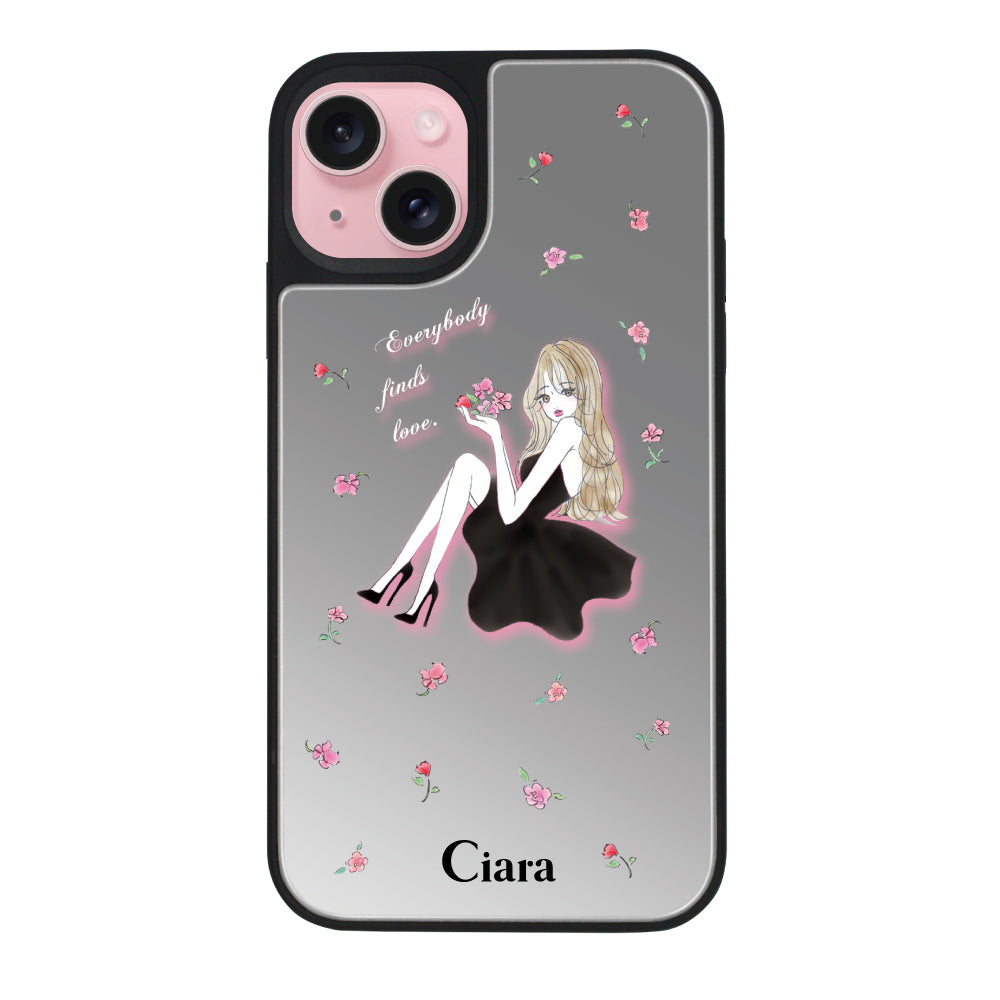 iPhone15ケース ミラーバンパー ミラー付きケース ラベンダーブラックガール シルバー