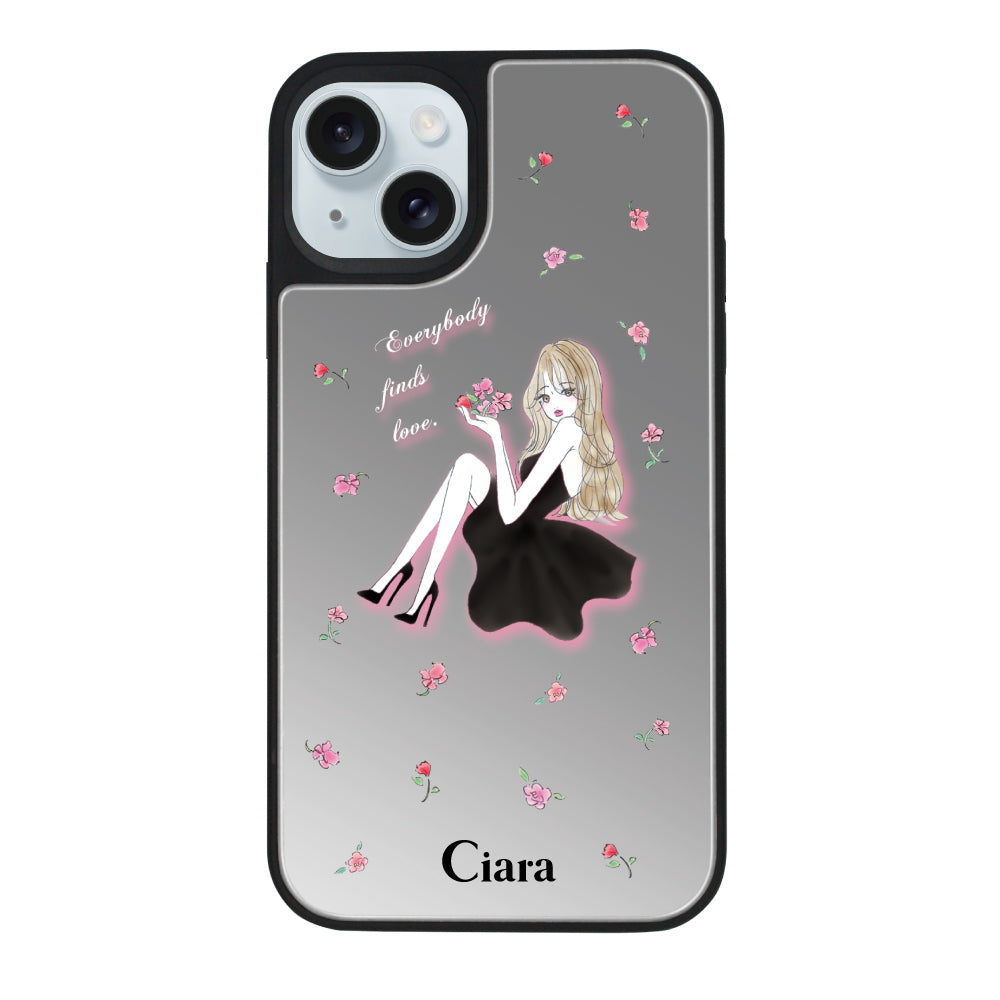 iPhone15Plusケース ミラーバンパー ミラー付きケース ラベンダーブラックガール シルバー