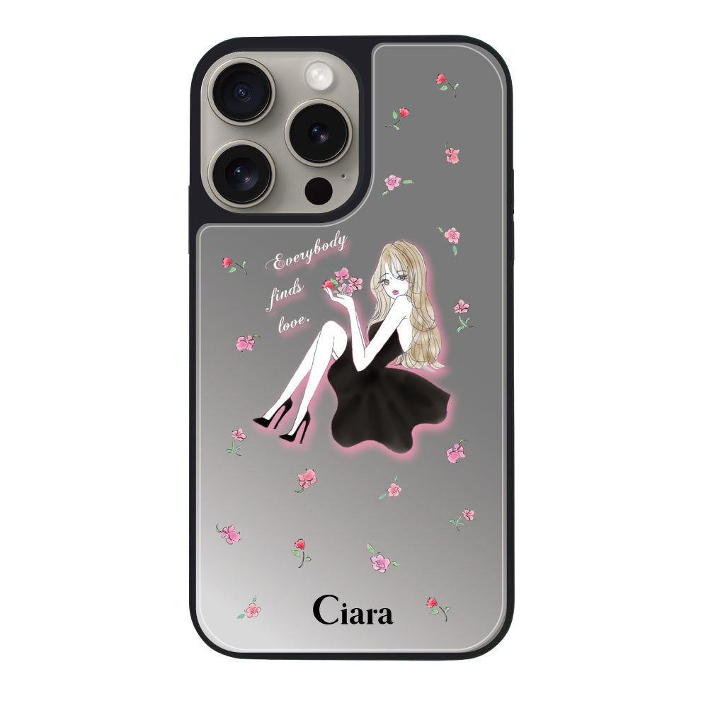 iPhone15Proケース ミラーバンパー ミラー付きケース ラベンダーブラックガール シルバー