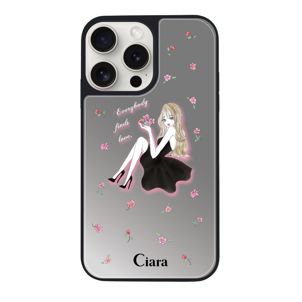 iPhone15ProMaxケース ミラーバンパー ミラー付きケース ラベンダーブラックガール シルバー