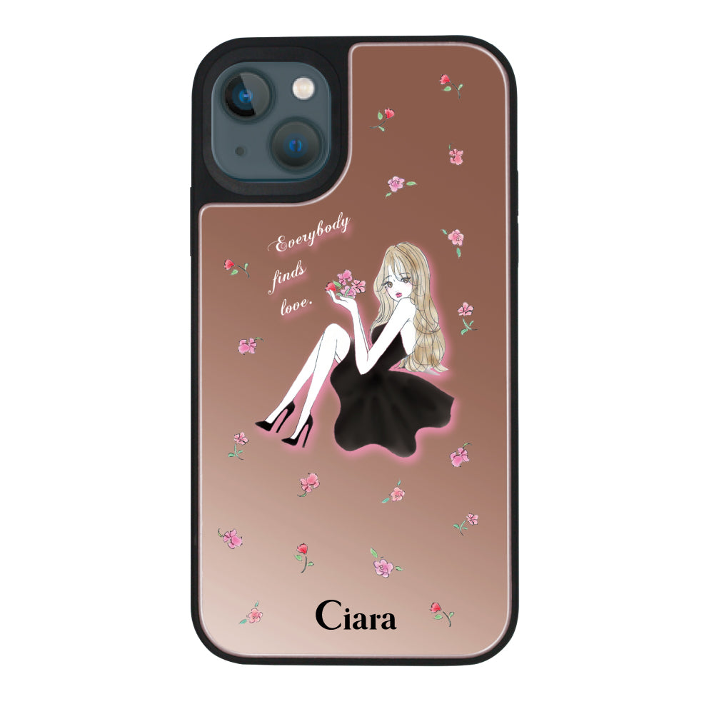 iPhone13miniケース ミラーバンパー ミラー付きケース ラベンダーブラックガール ピンクゴールド