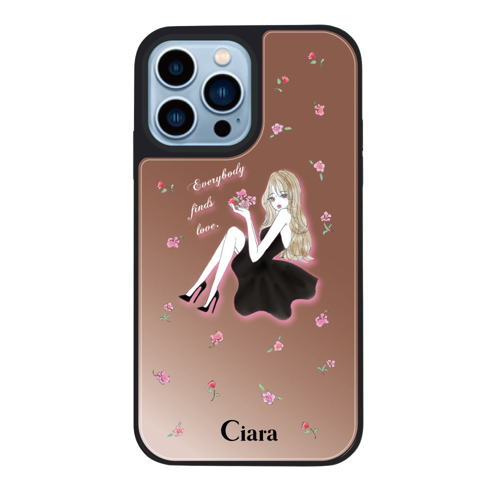 iPhone13ProMaxケース ミラーバンパー ミラー付きケース ラベンダーブラックガール ピンクゴールド