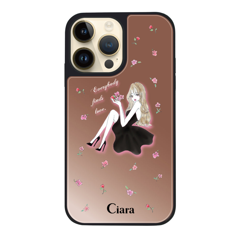 iPhone14Proケース ミラーバンパー ミラー付きケース ラベンダーブラックガール ピンクゴールド