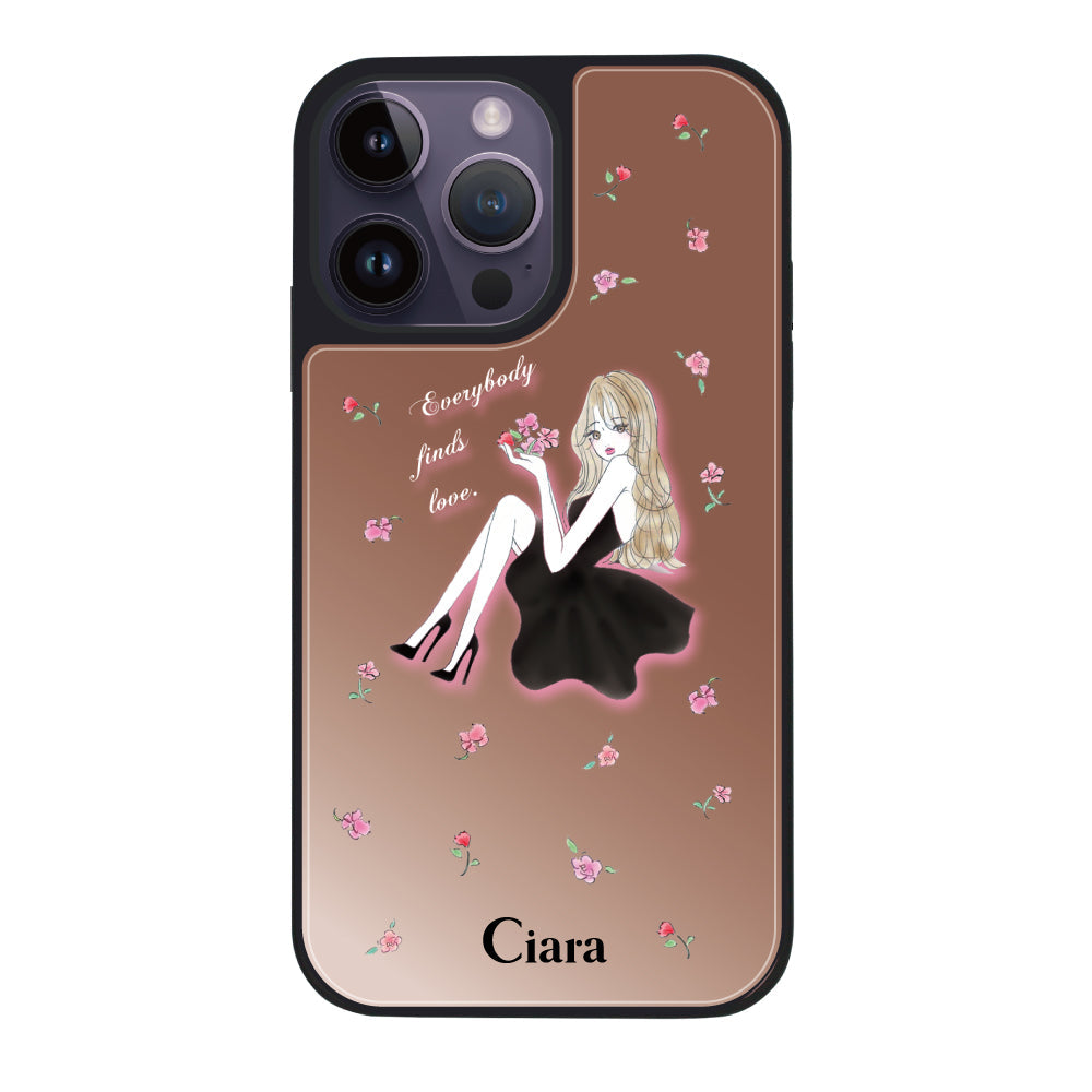 iPhone14ProMaxケース ミラーバンパー ミラー付きケース ラベンダーブラックガール ピンクゴールド