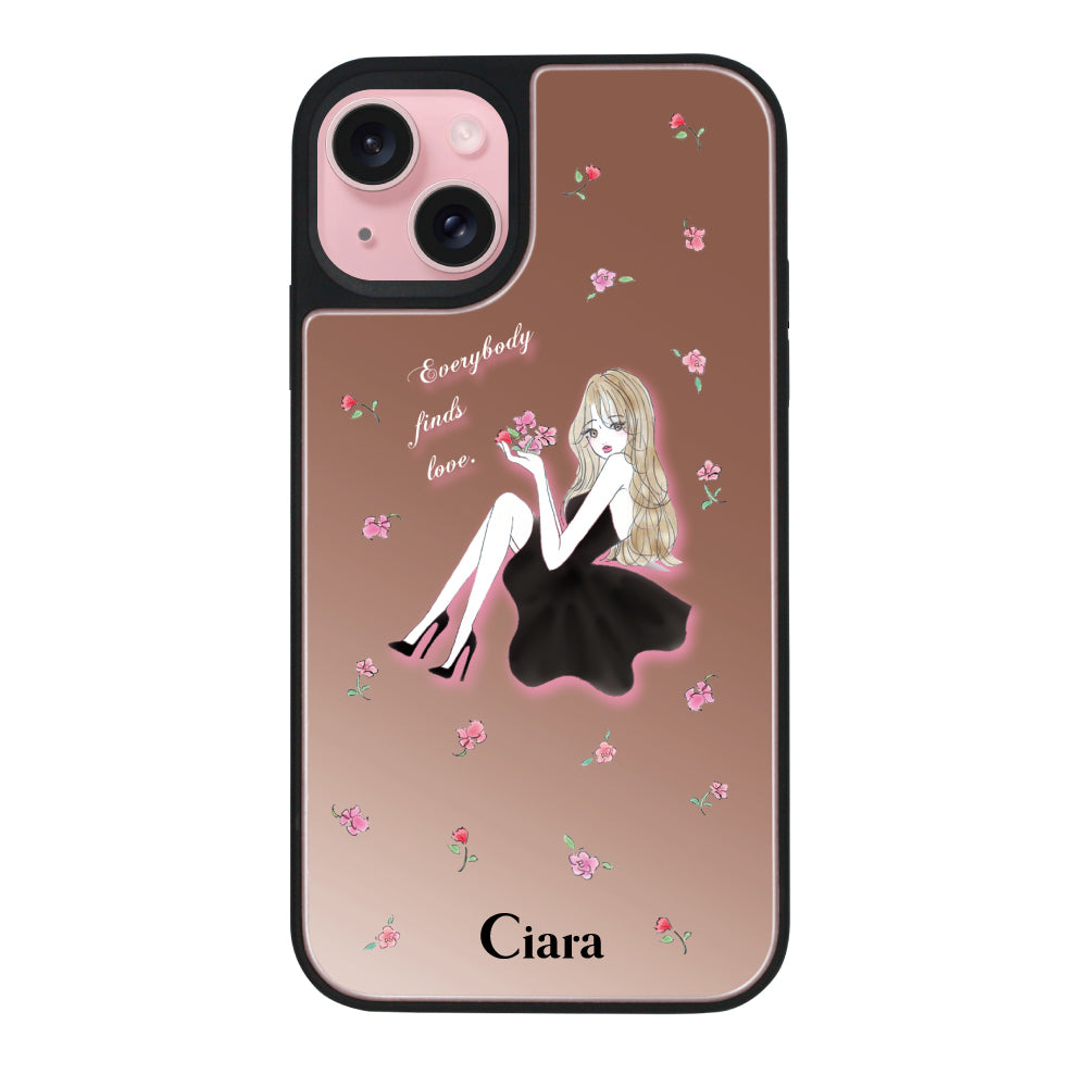 iPhone15ケース ミラーバンパー ミラー付きケース ラベンダーブラックガール ピンクゴールド