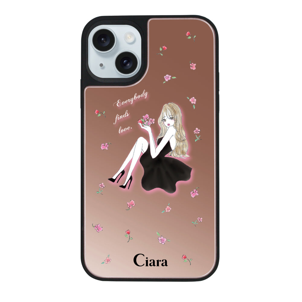 iPhone15Plusケース ミラーバンパー ミラー付きケース ラベンダーブラックガール ピンクゴールド