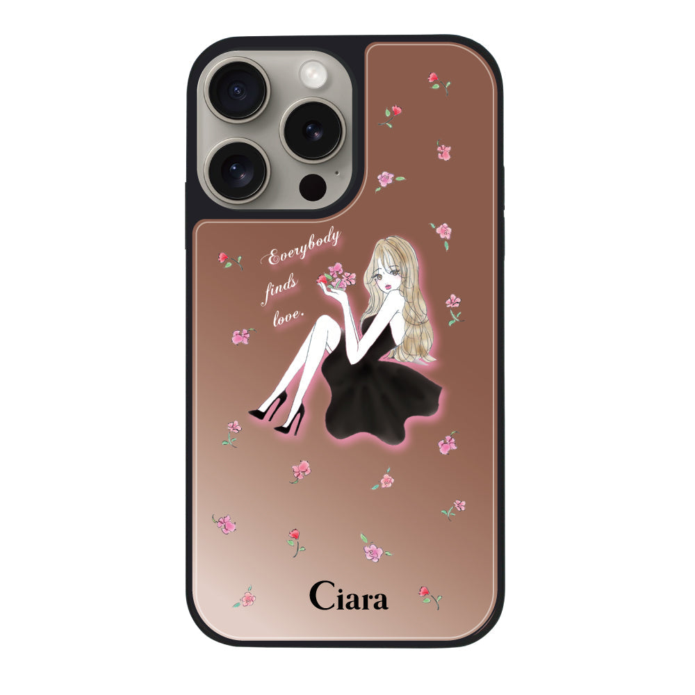iPhone15Proケース ミラーバンパー ミラー付きケース ラベンダーブラックガール ピンクゴールド