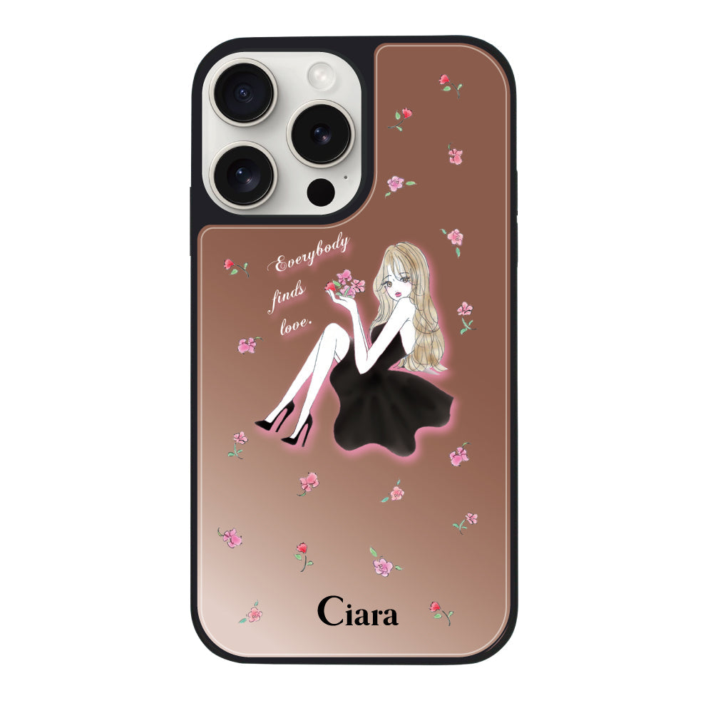 iPhone15ProMaxケース ミラーバンパー ミラー付きケース ラベンダーブラックガール ピンクゴールド