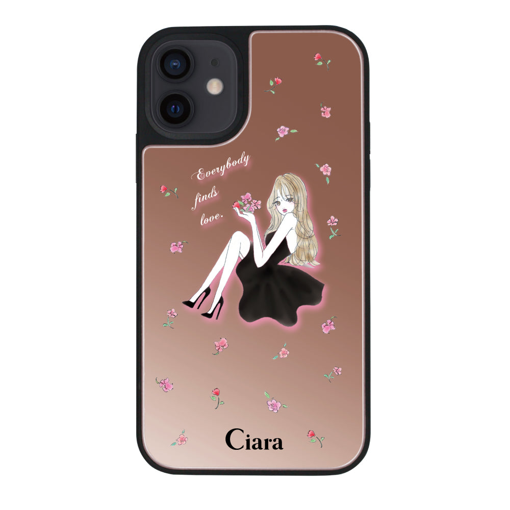 iPhoneXRケース ミラーバンパー ミラー付きケース ラベンダーブラックガール ピンクゴールド