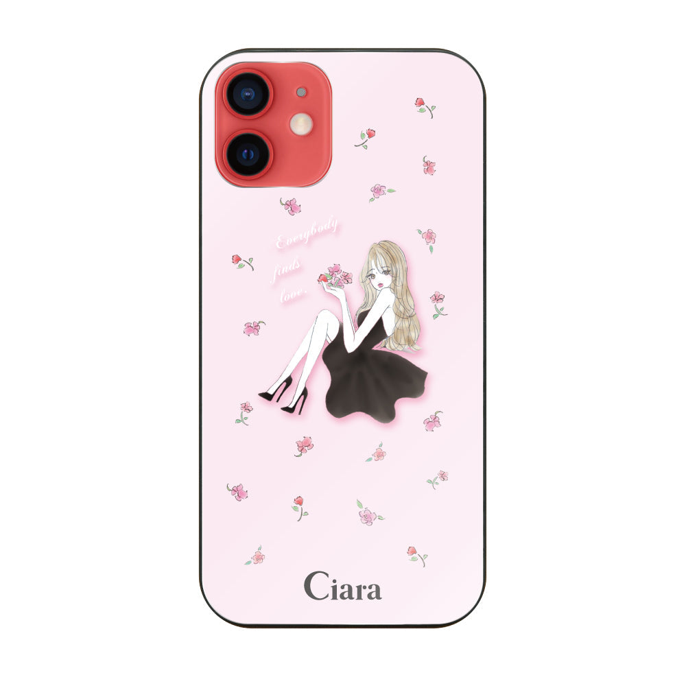 iPhone11ケース ガラス 強化ガラスケース ラベンダーブラックガール ピンク