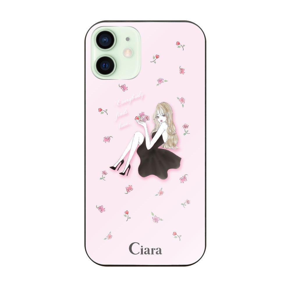 iPhone12miniケース ガラス 強化ガラスケース ラベンダーブラックガール ピンク