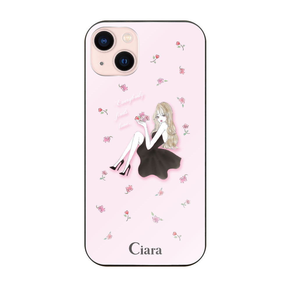 iPhone13ケース ガラス 強化ガラスケース ラベンダーブラックガール ピンク