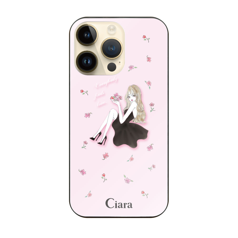 iPhone14Proケース ガラス 強化ガラスケース ラベンダーブラックガール ピンク