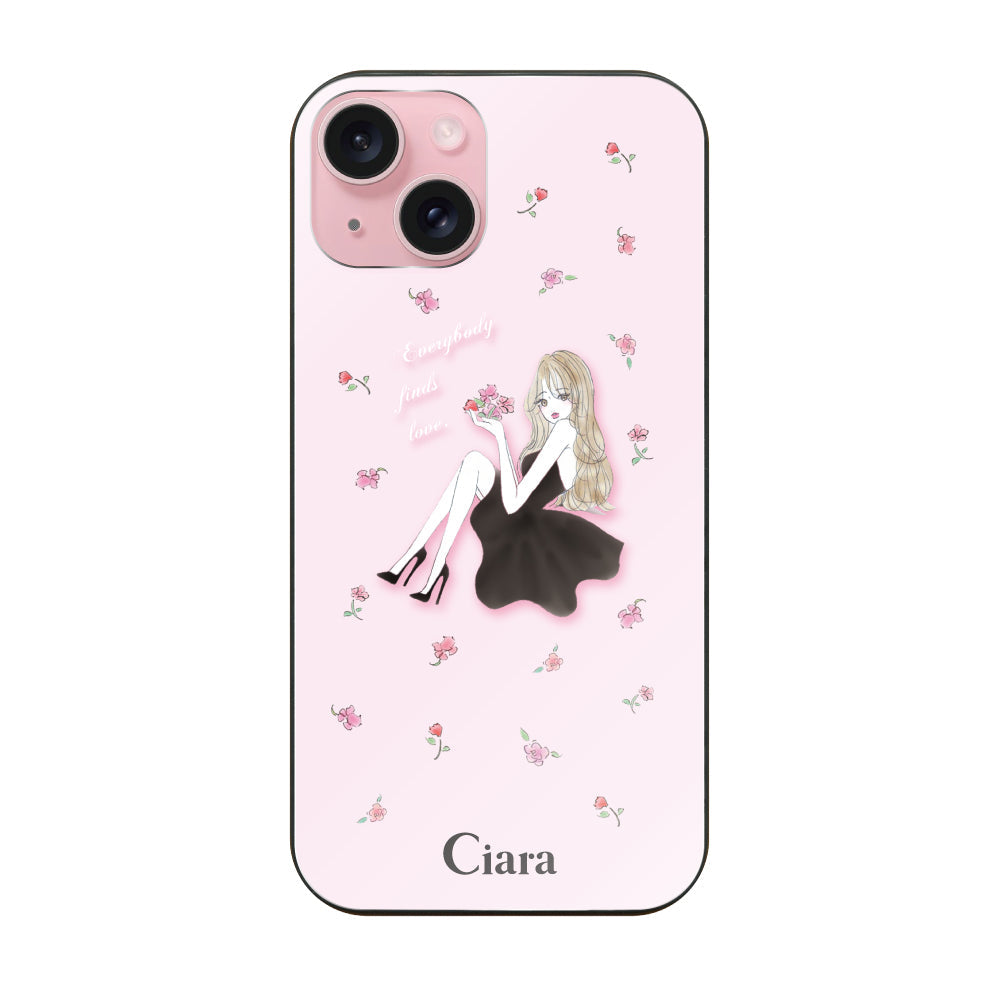 iPhone15ケース ガラス 強化ガラスケース ラベンダーブラックガール ピンク