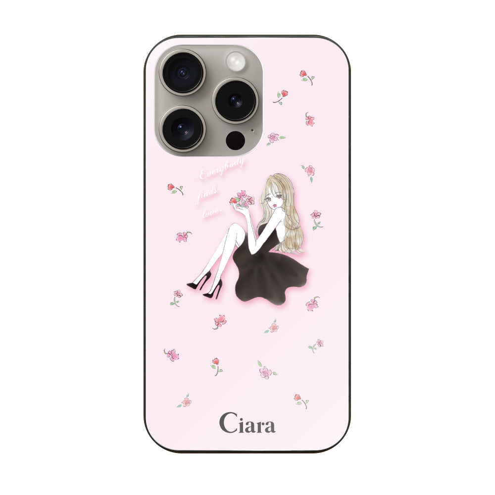 iPhone15Proケース ガラス 強化ガラスケース ラベンダーブラックガール ピンク