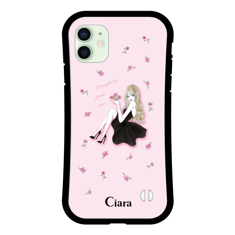 iPhone12miniケース グリップ 耐衝撃ケース ラベンダーブラックガール ピンク