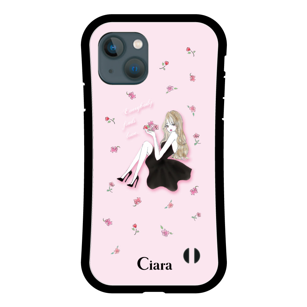 iPhone13miniケース グリップ 耐衝撃ケース ラベンダーブラックガール ピンク