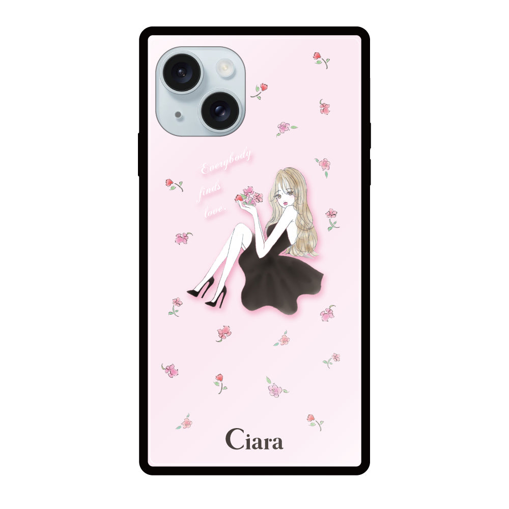 iPhone15Plusケース スクエア 強化ガラスケース ラベンダーブラックガール ピンク