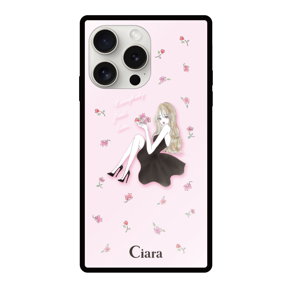 iPhone15ProMaxケース スクエア 強化ガラスケース ラベンダーブラックガール ピンク