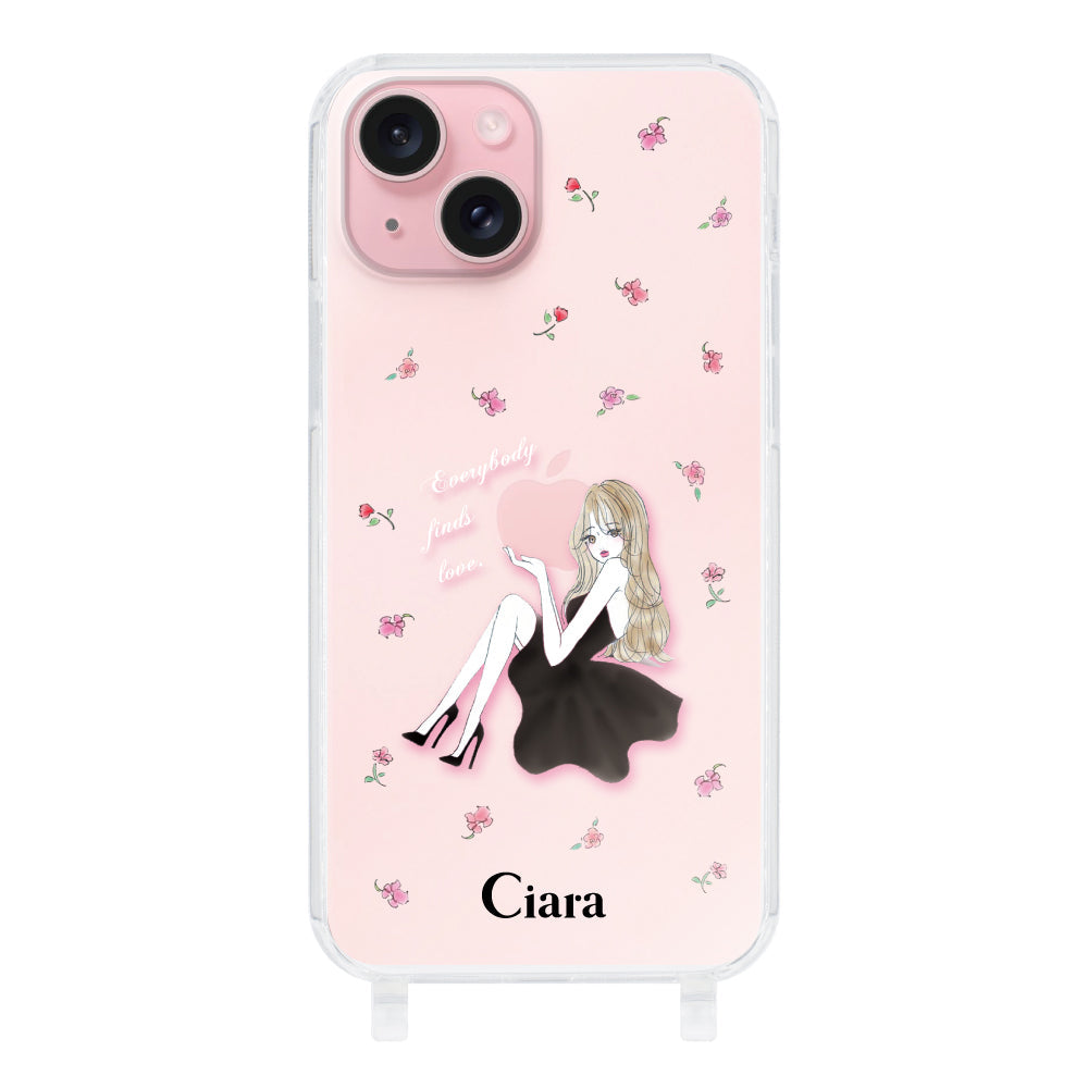 iPhone15 ストラップクリアケース ラベンダーブラックガール クリア