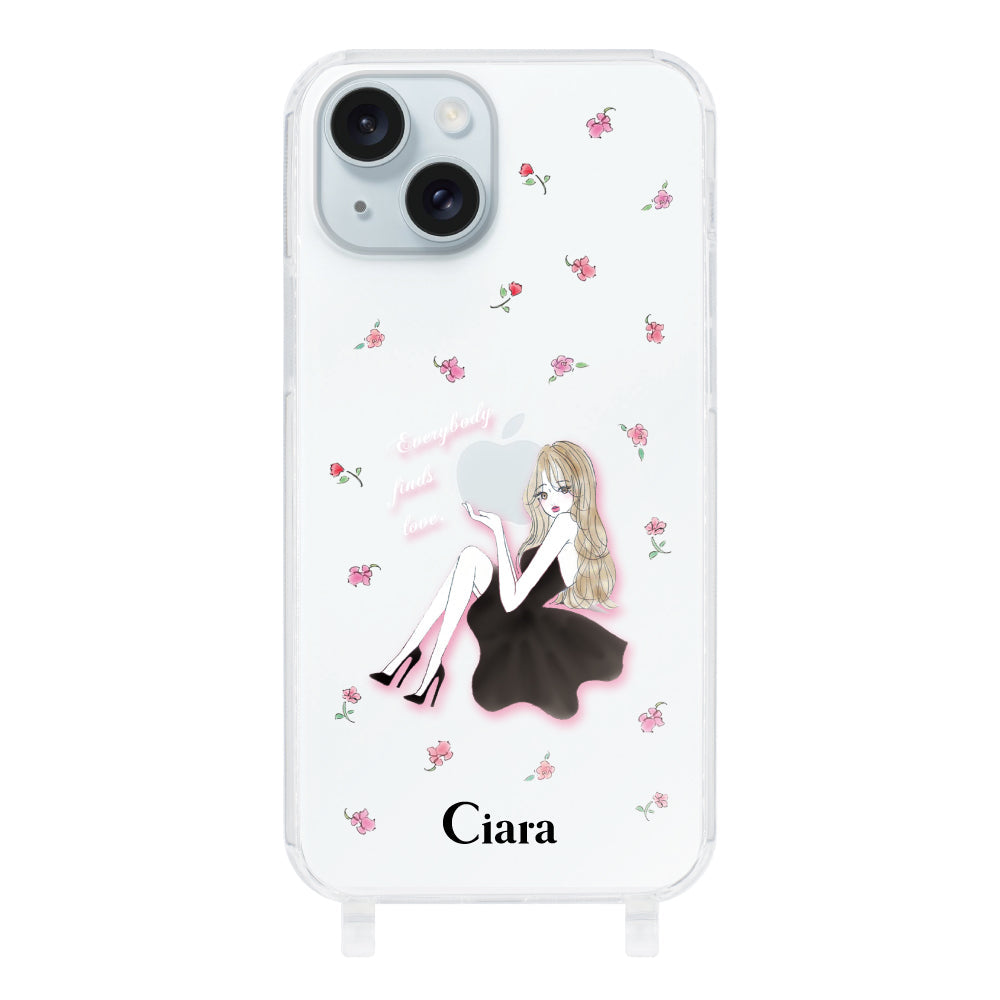 iPhone15Plus ストラップクリアケース ラベンダーブラックガール クリア