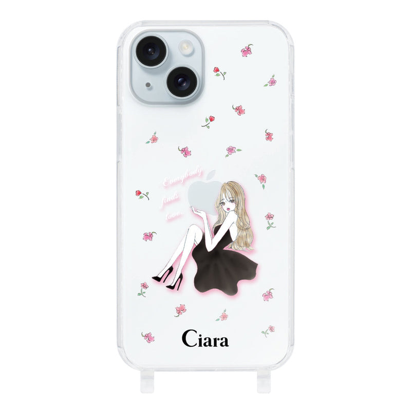 iPhoneケース ストラップクリアケース ラベンダーブラックガール