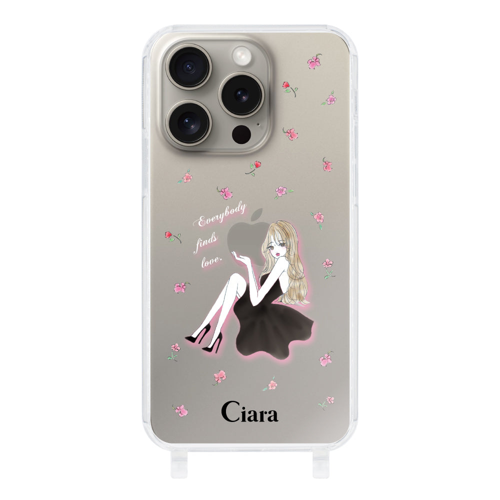 iPhone15Pro ストラップクリアケース ラベンダーブラックガール クリア