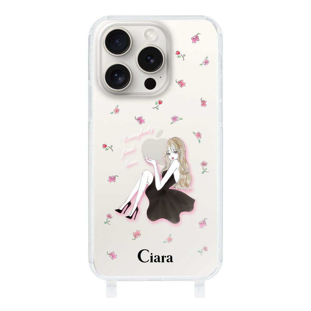 iPhone15ProMax ストラップクリアケース ラベンダーブラックガール クリア