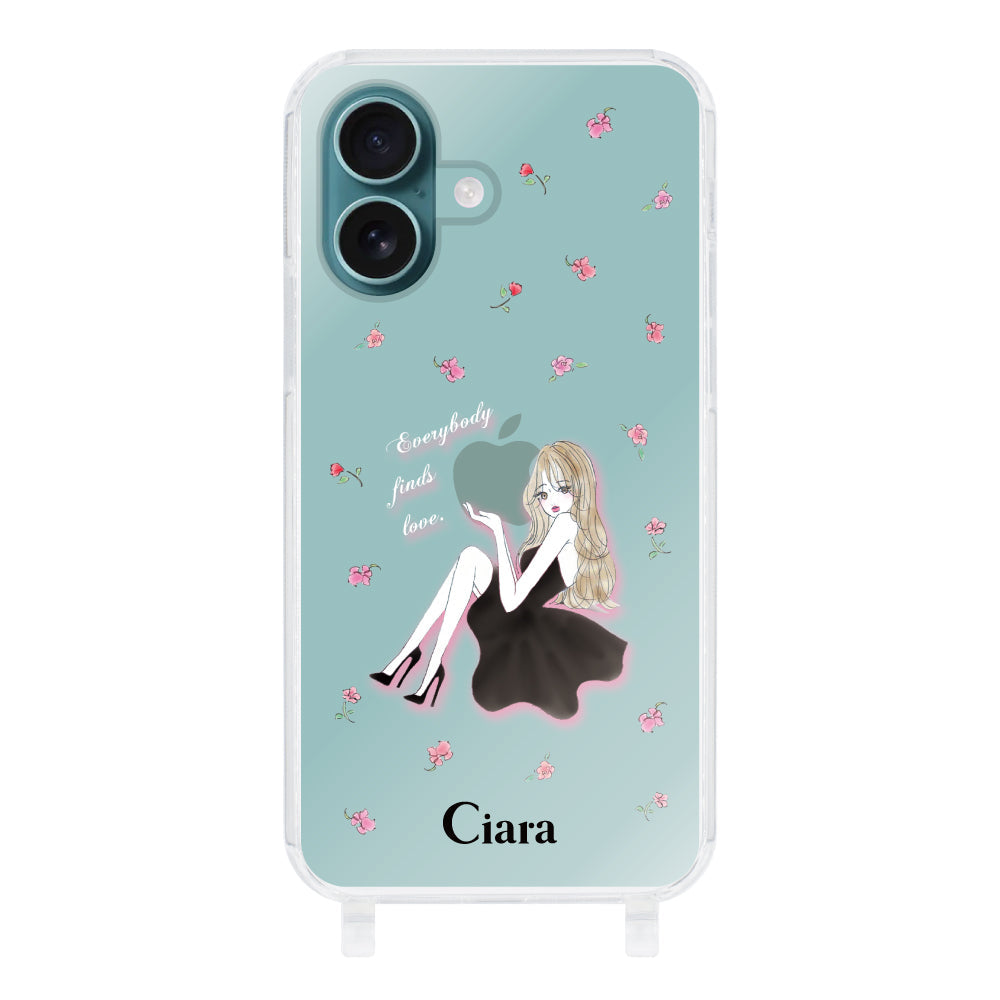 iPhone16Plus ストラップクリアケース ラベンダーブラックガール クリア