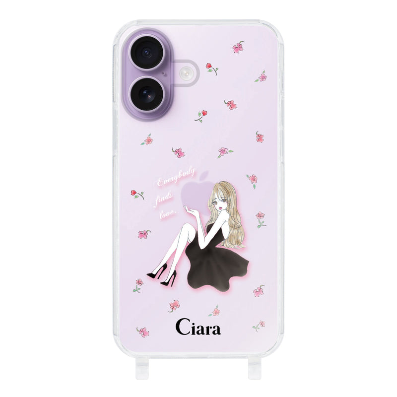 iPhoneケース ストラップクリアケース ラベンダーブラックガール